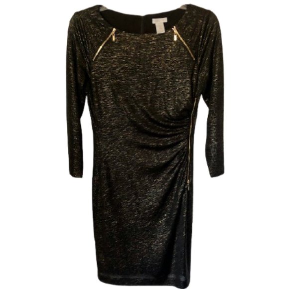 Cache Ruched Front Sheath w/ Goldtone Zippers - Black/Gold - M - Picture 1 of 9